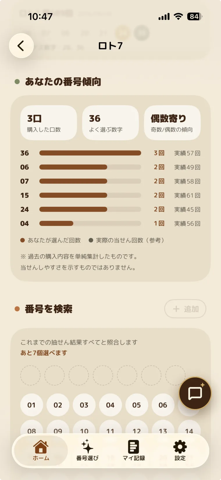 ロト7の「あなたの番号傾向」画面。購入した口数、よく選ぶ数字、奇数と偶数の傾向が出ていて、番号ごとに自分が選んだ回数と実際の当せん回数が横棒で並んでいる